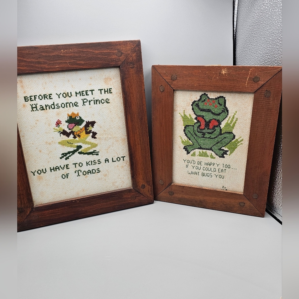 MCM Wood Framed Frog Cross Stitch Art Work Kiss Toads Before Prince Eat Bugs Vtg
